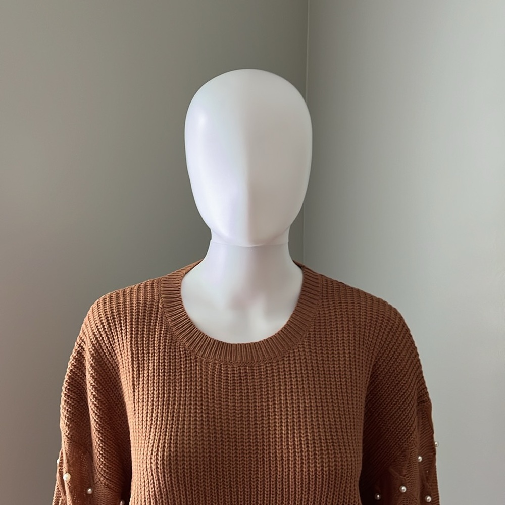 SHEIN LUNE Brown Crewneck Sweater with Pearl Accented Sleeves Size 6 - Picture 5 of 8